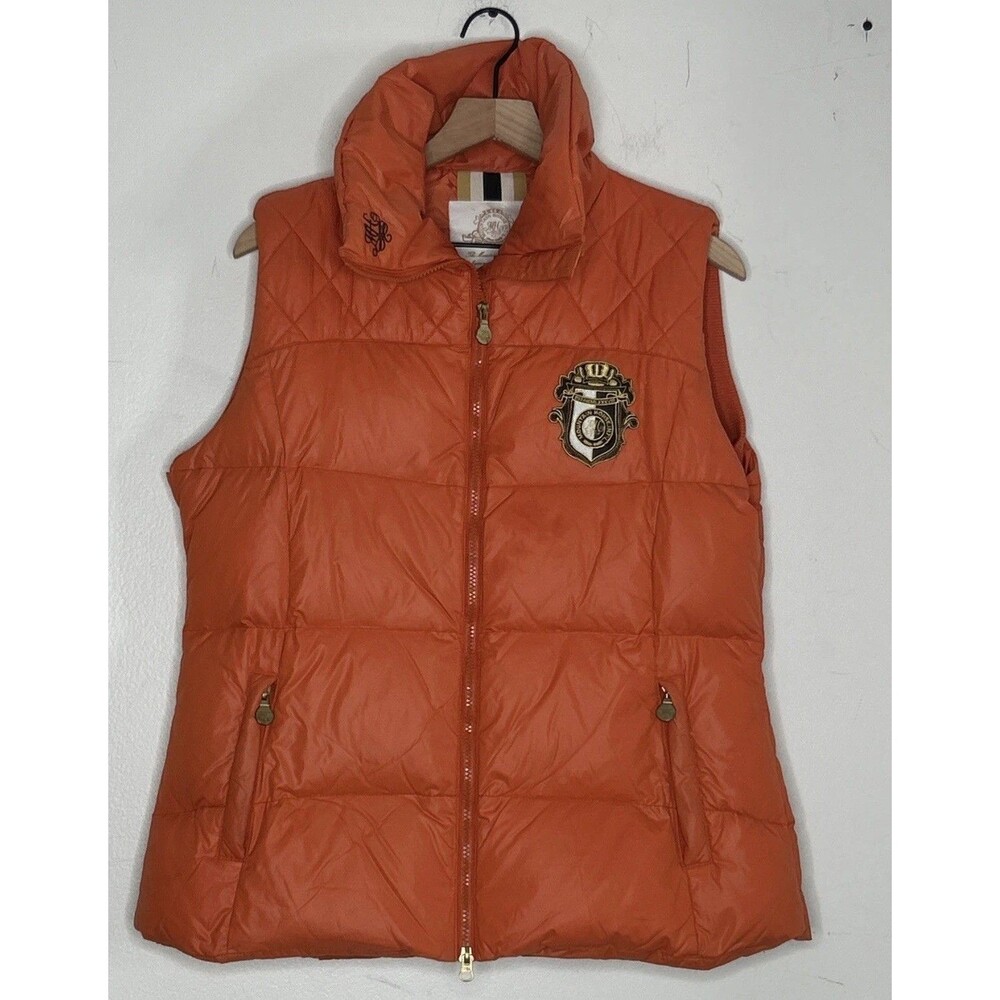 Quilted MOUNTAIN HORSE Down Puffer Vest Orange Crest Logo Full Zip Equestrian